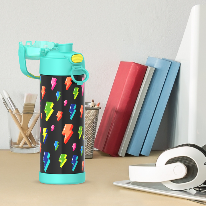 Thermos® 16oz FUNtainer® water bottle in Lightning Bolt Girl — lifestyle photo in use