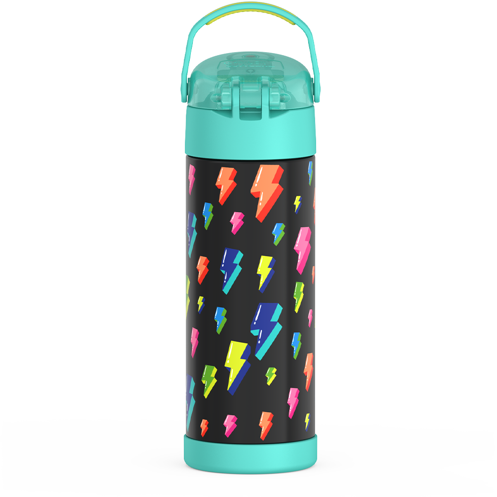 Thermos® 16oz FUNtainer® water bottle in Lightning Bolt Girl — back view showing handle and base