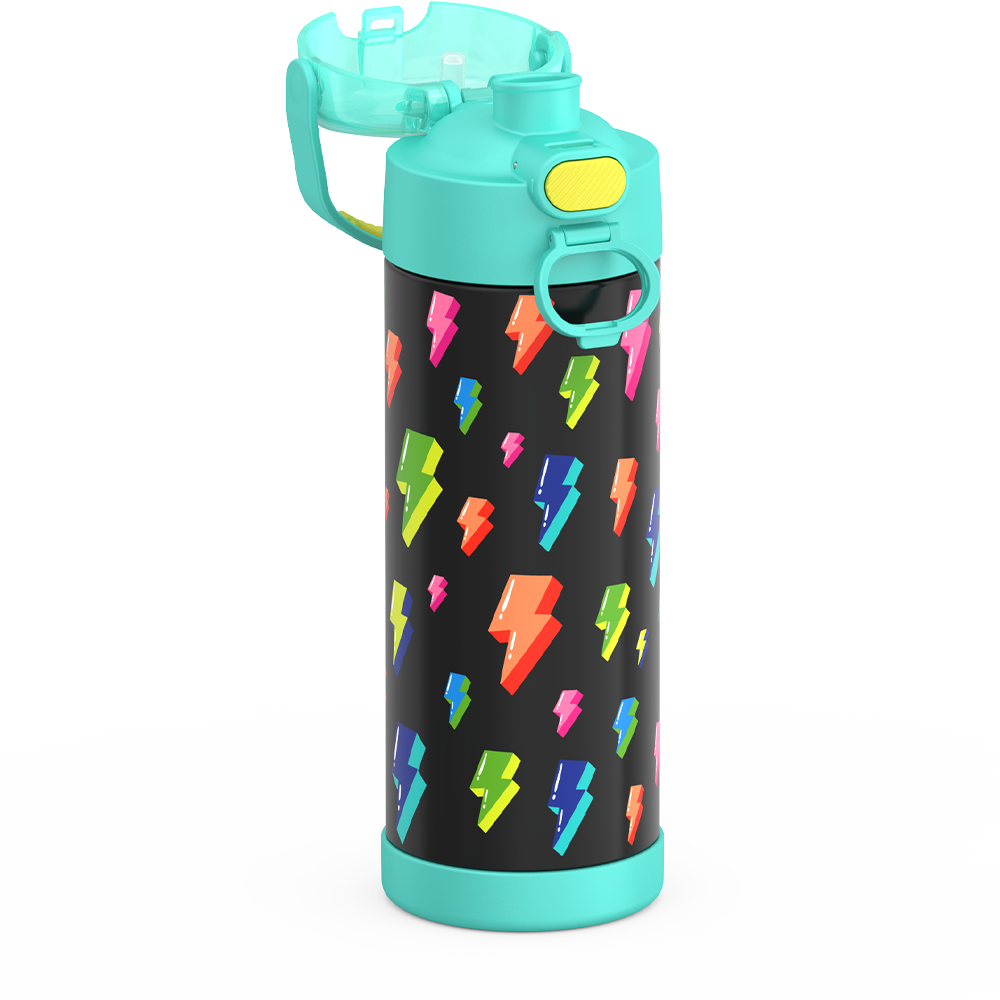 Thermos® 16oz FUNtainer® water bottle in Lightning Bolt Girl — close-up of push-button spout lid
