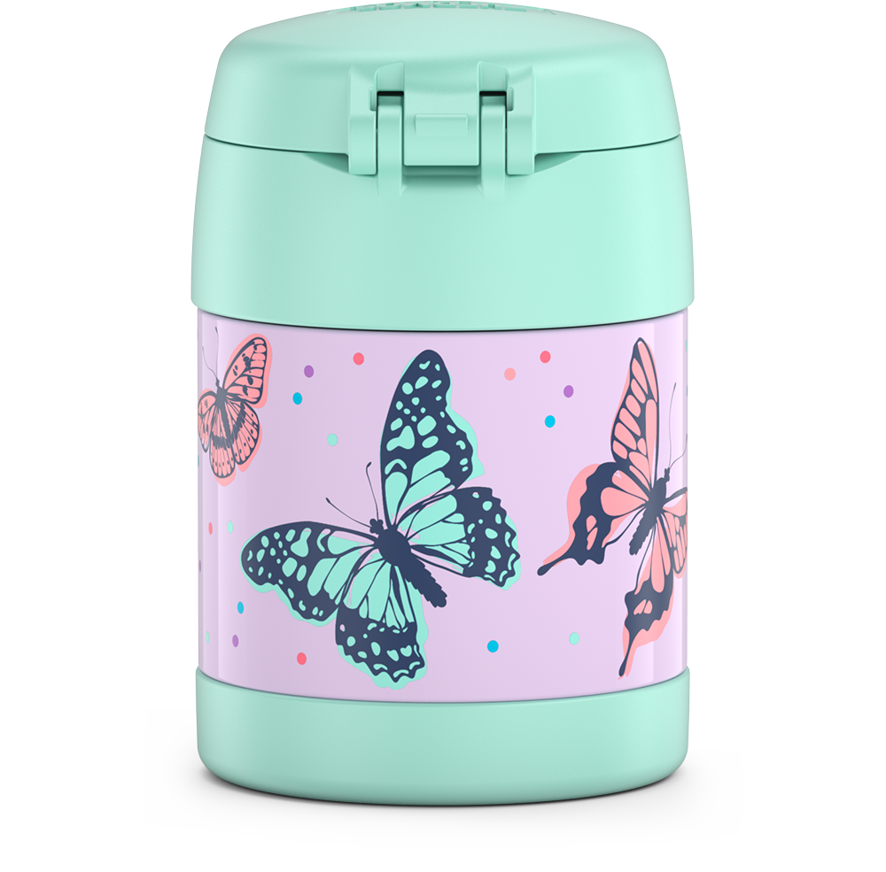 Thermos® 10oz FUNtainer® food jar in Rainbow Dreams — back view showing handle and base