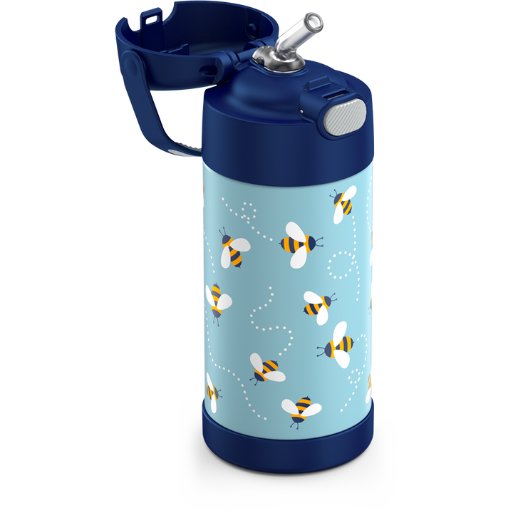 Thermos® 12oz FUNtainer® water bottle in Jungle Kingdom — close-up of push-button straw lid
