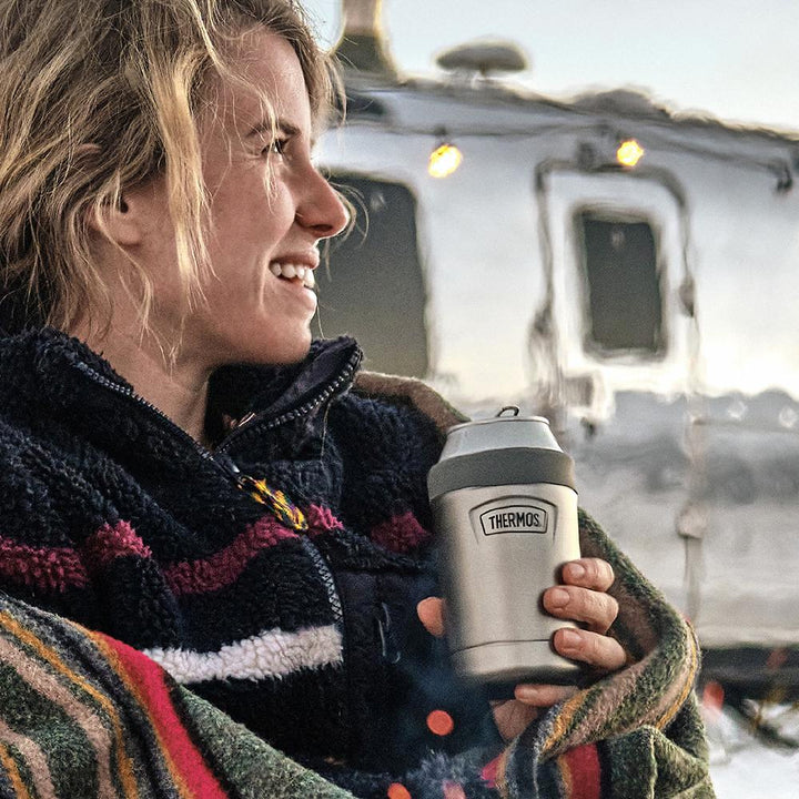 Thermos® 12oz Icon™ can insulator in Glacier — lifestyle photo in use