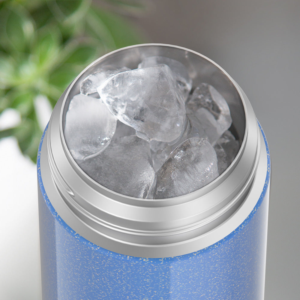 Thermos® 12oz FUNtainer® water bottle in Pink Glitter — shown filled with ice, demonstrating insulation