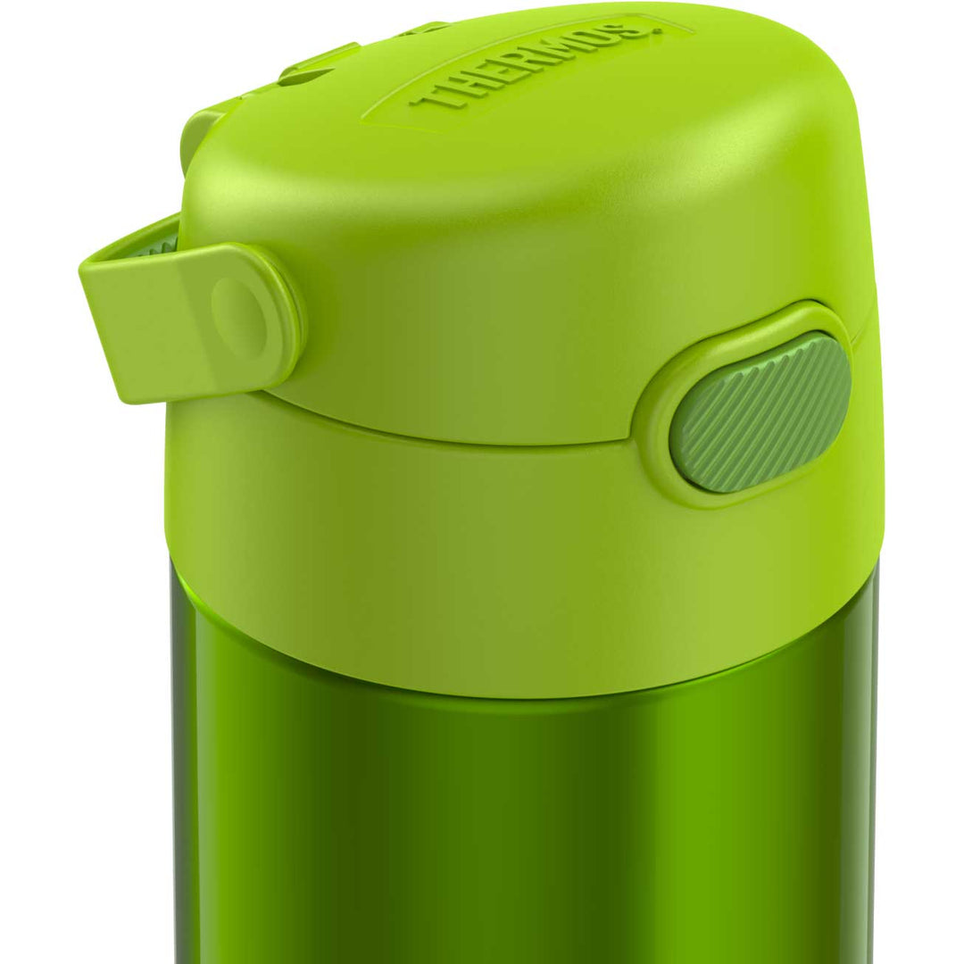 Thermos® 12oz FUNtainer® water bottle in Yellow/Green — top view showing lid opening