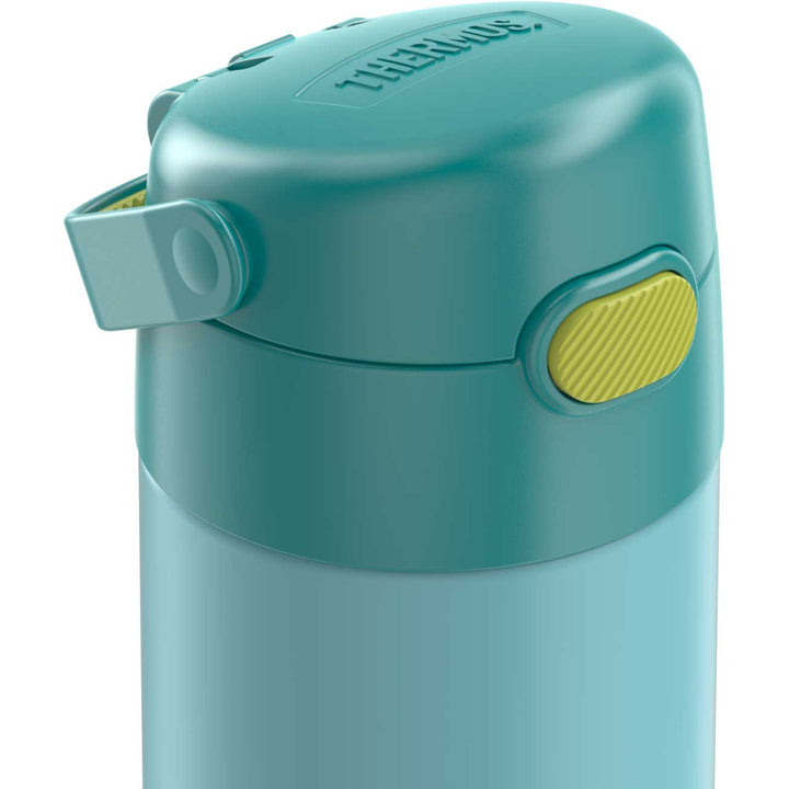 Thermos® 12oz FUNtainer® water bottle in Yellow/Green — top view showing lid opening
