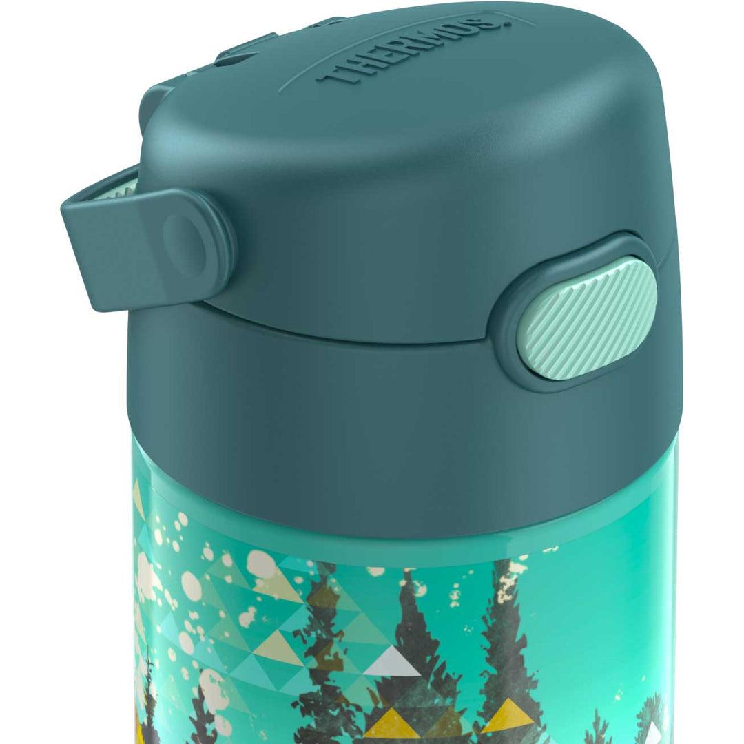 Thermos® 12oz FUNtainer® water bottle in Yellow/Green — top view showing lid opening