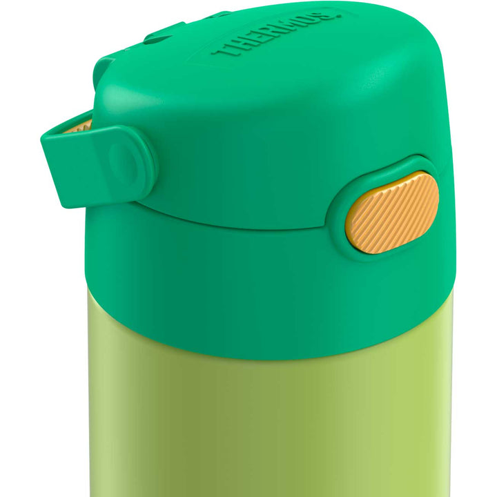 Thermos® 12oz FUNtainer® water bottle in Yellow/Green — top view showing lid opening