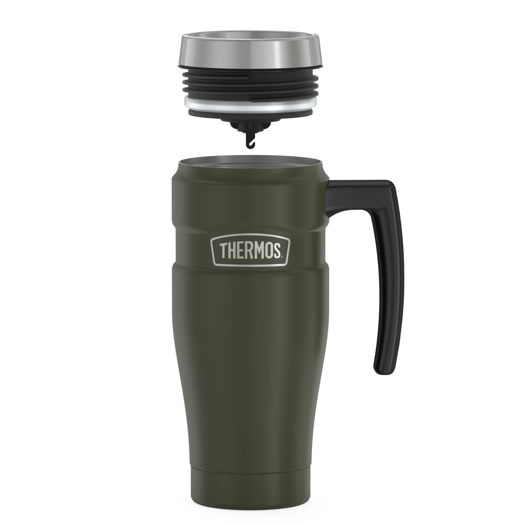 Thermos® 16oz Stainless King™ mug in Matte Stainless Steel — showing lid and bottle components