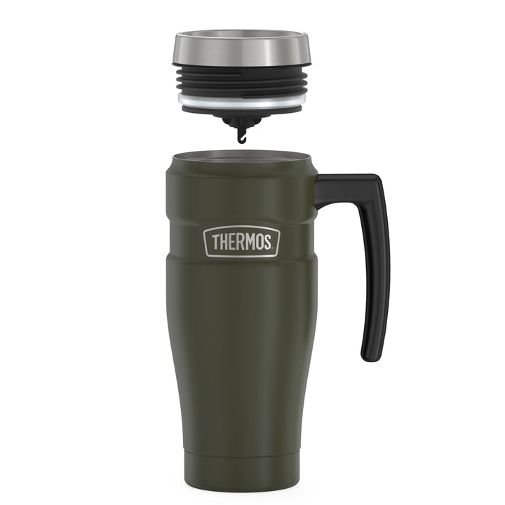 Thermos® 16oz Stainless King™ mug in Matte Stainless Steel — showing lid and bottle components