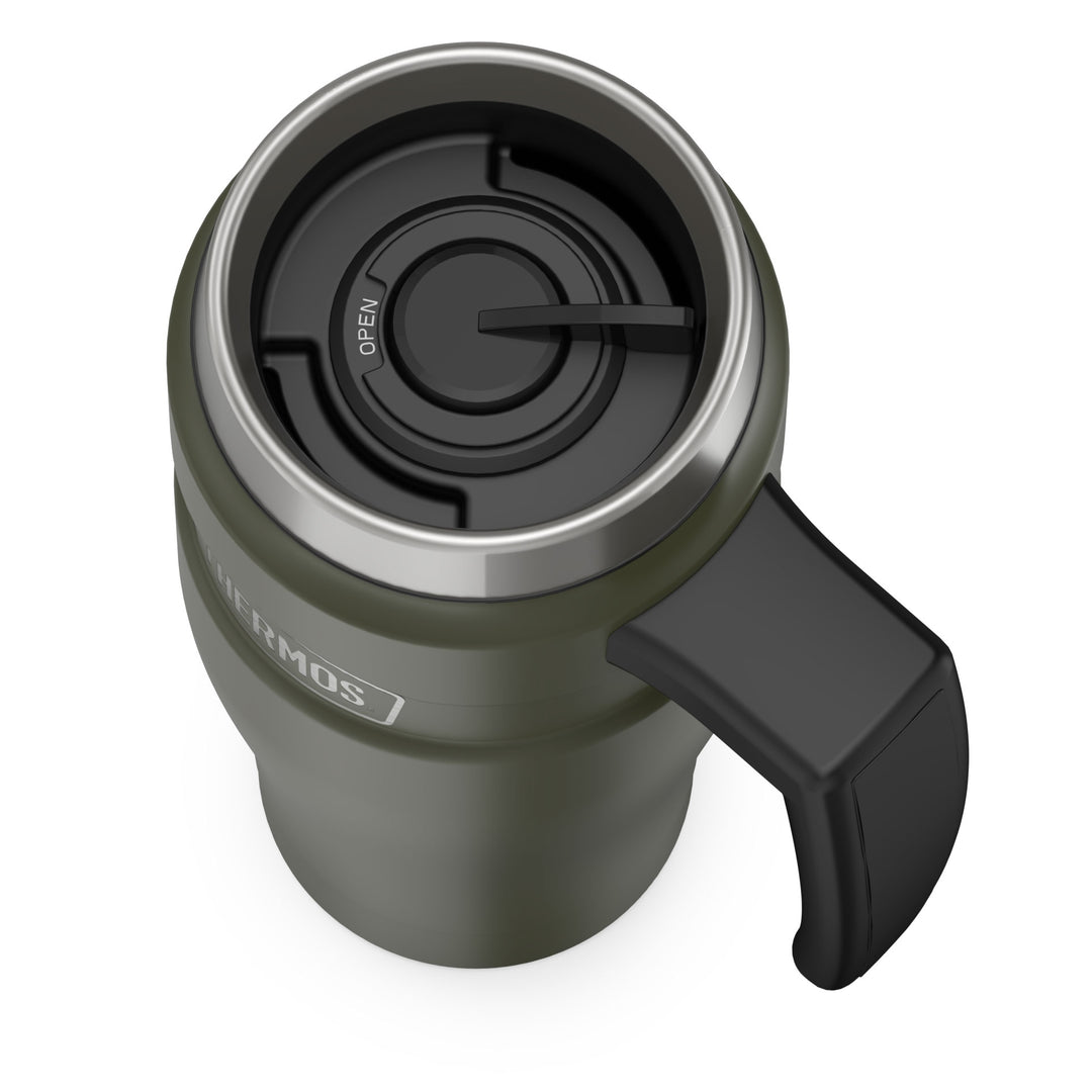 Thermos® 16oz Stainless King™ mug in Matte Stainless Steel — top view showing lid opening