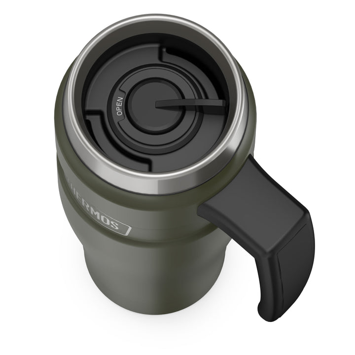 Thermos® 16oz Stainless King™ mug in Matte Stainless Steel — top view showing lid opening