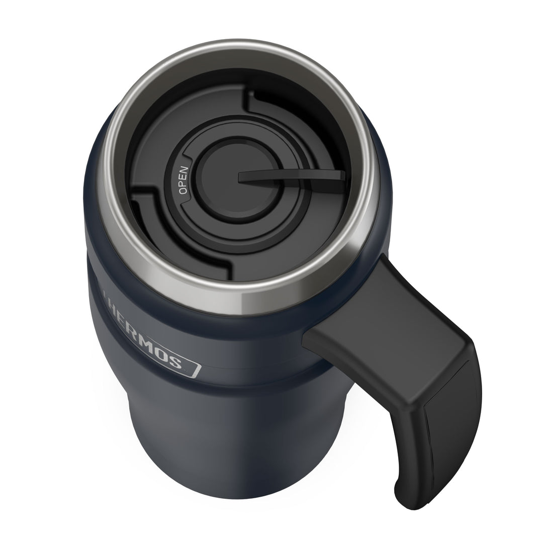 Thermos® 16oz Stainless King™ mug in Matte Stainless Steel — top view showing lid opening