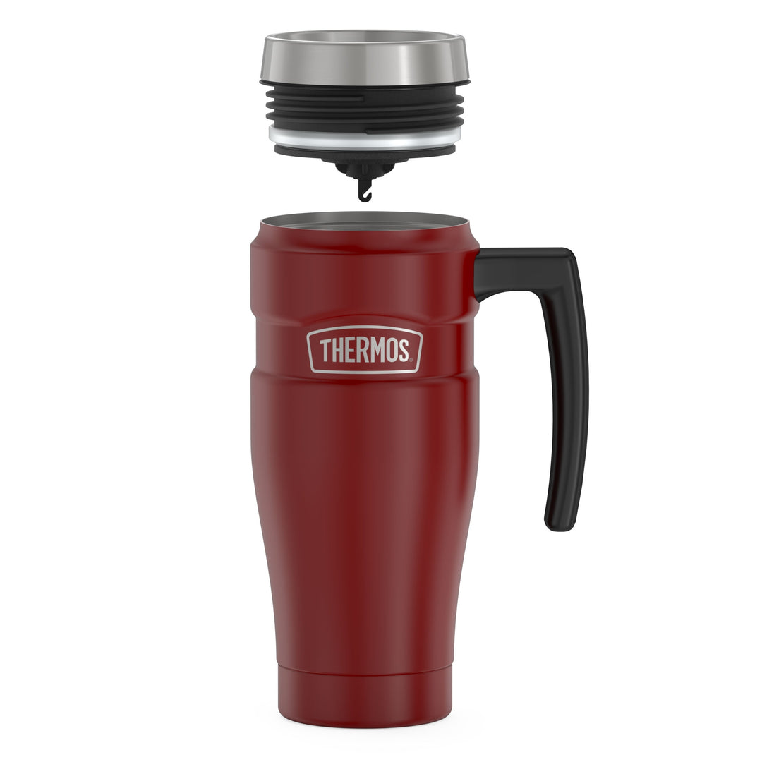 Thermos® 16oz Stainless King™ mug in Matte Stainless Steel — showing lid and bottle components