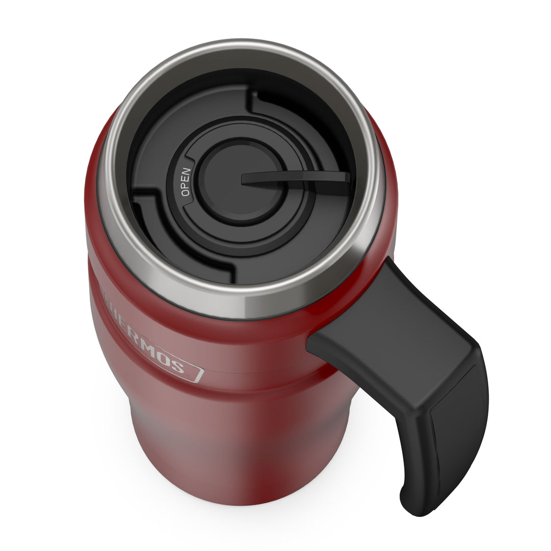 Thermos® 16oz Stainless King™ mug in Matte Stainless Steel — top view showing lid opening