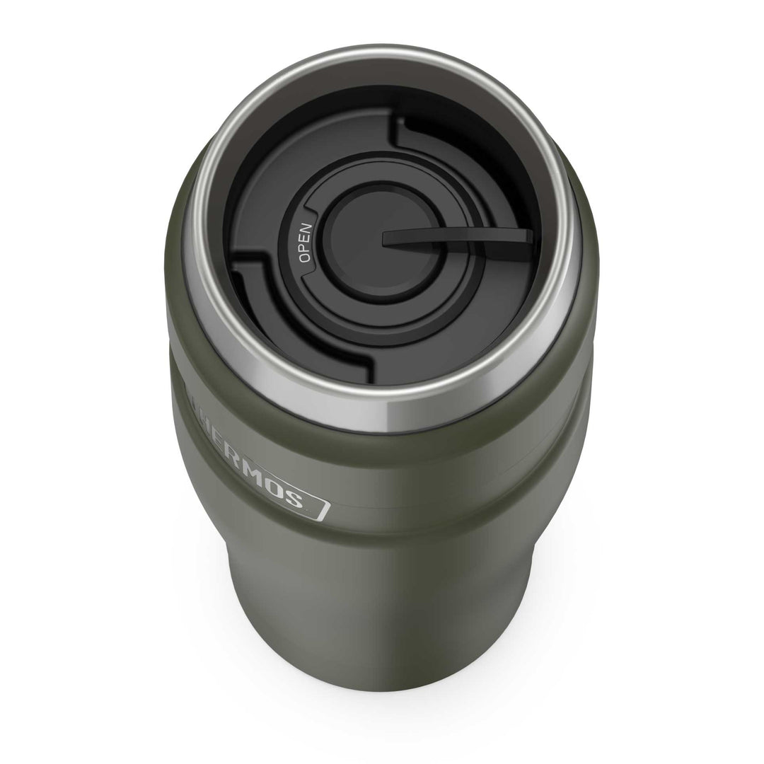 Thermos® 16oz Stainless King™ tumbler in Matte Stainless Steel — top view showing lid opening
