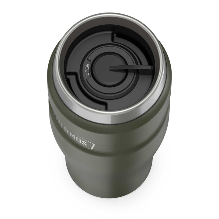 Thermos® 16oz Stainless King™ tumbler in Matte Stainless Steel — top view showing lid opening