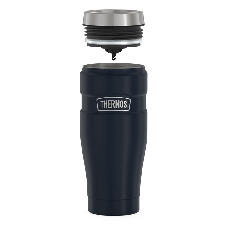 Thermos® 16oz Stainless King™ tumbler in Matte Stainless Steel — showing lid and bottle components