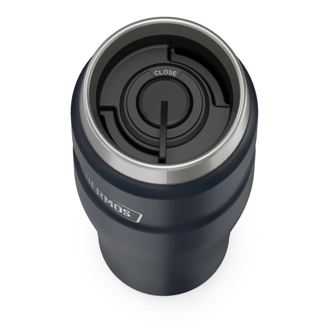 Thermos® 16oz Stainless King™ tumbler in Matte Stainless Steel — top view showing lid opening