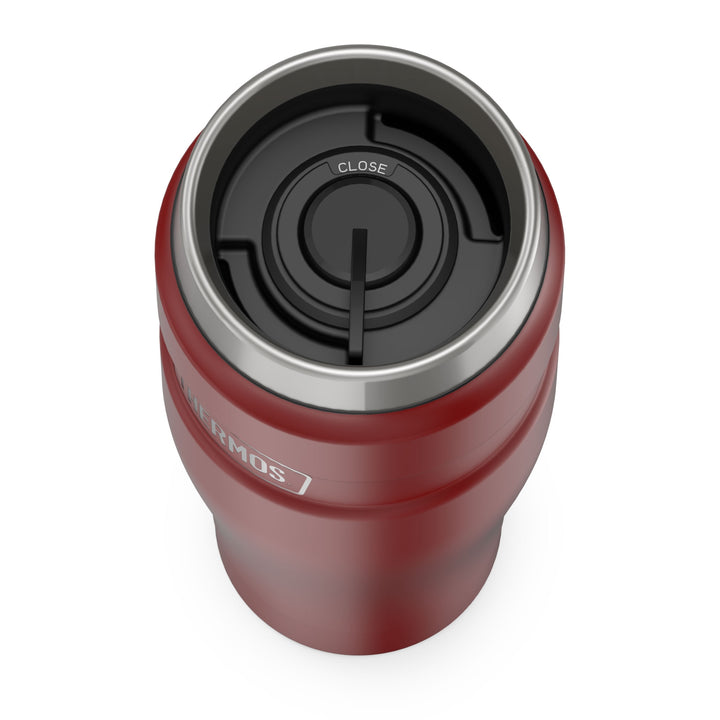 Thermos® 16oz Stainless King™ tumbler in Matte Stainless Steel — top view showing lid opening