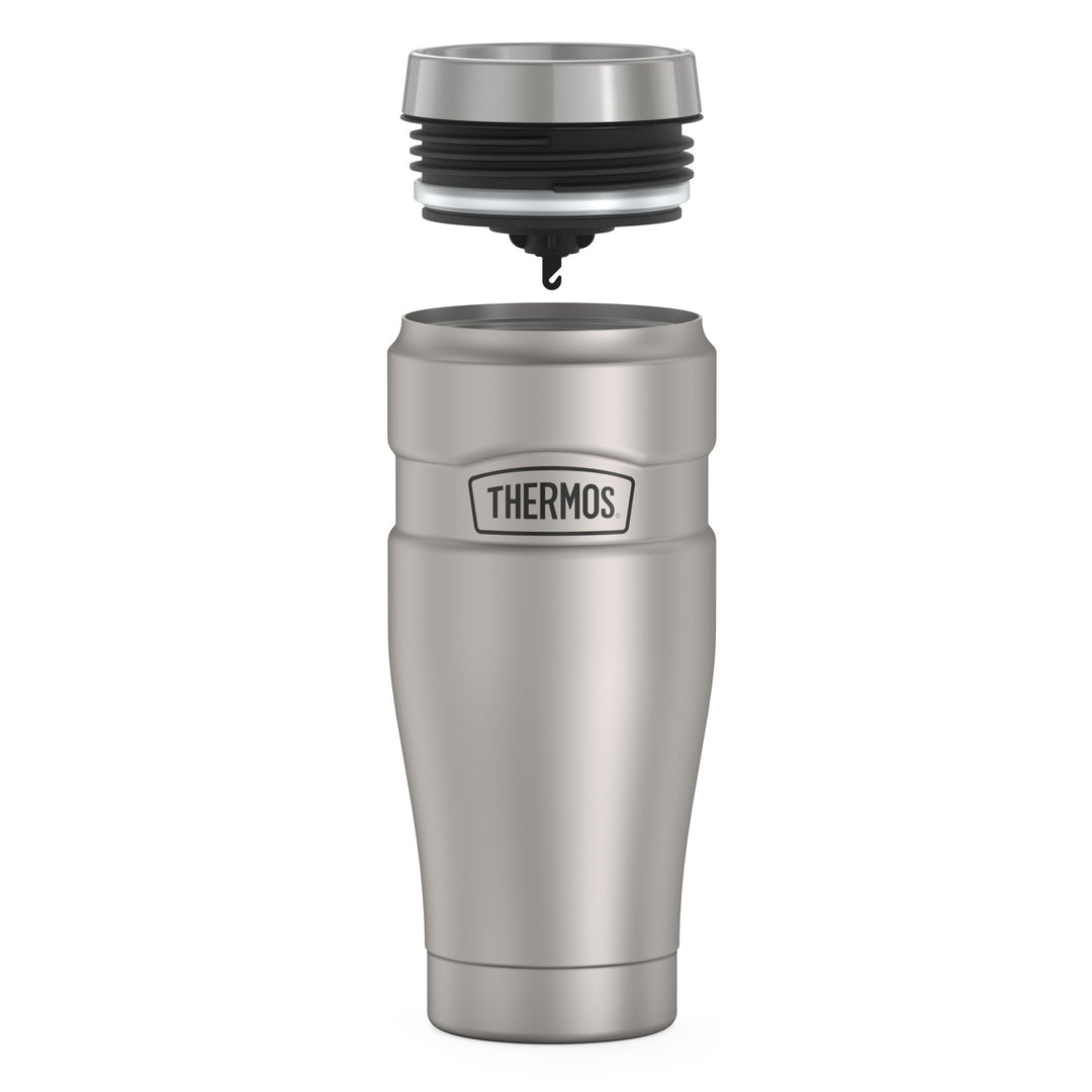 Thermos® 16oz Stainless King™ tumbler in Matte Stainless Steel — showing lid and bottle components