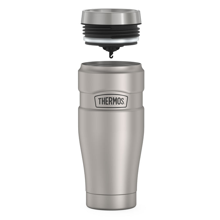 Thermos® 16oz Stainless King™ tumbler in Matte Stainless Steel — showing lid and bottle components