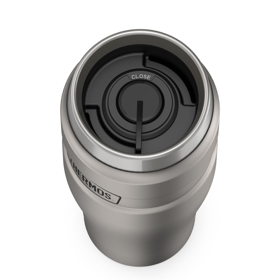 Thermos® 16oz Stainless King™ tumbler in Matte Stainless Steel — top view showing lid opening