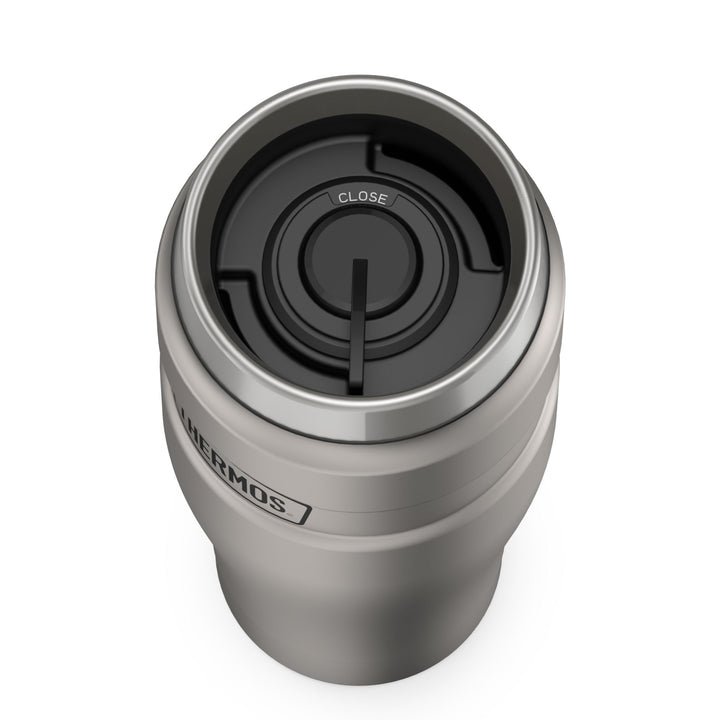 Thermos® 16oz Stainless King™ tumbler in Matte Stainless Steel — top view showing lid opening