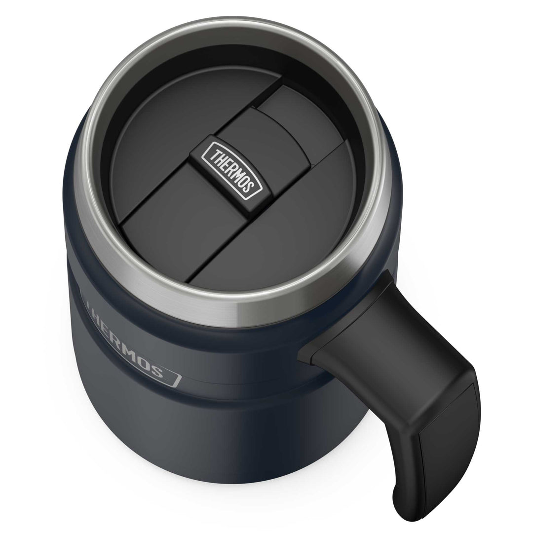 Thermos® 16oz Stainless King™ mug in Matte Stainless Steel — top view showing lid opening
