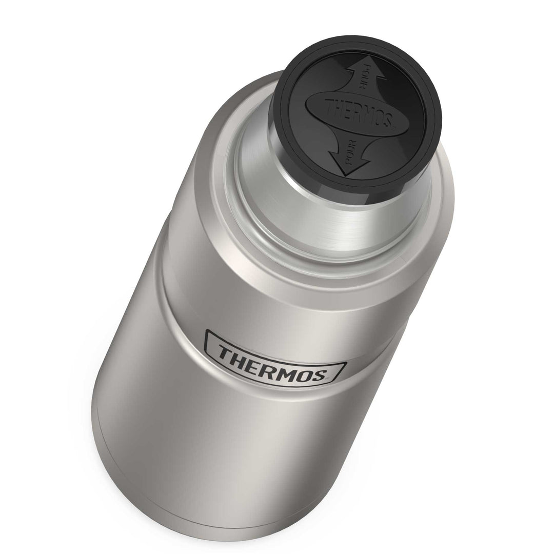 Thermos® 16oz Stainless King™ beverage bottle in Matte Stainless Steel — top view showing lid opening