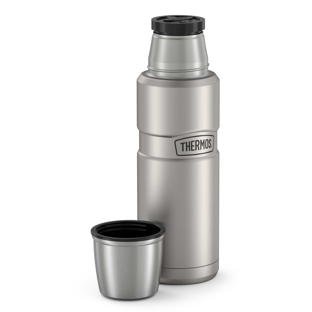 Thermos® 16oz Stainless King™ beverage bottle in Matte Stainless Steel — top view showing lid opening