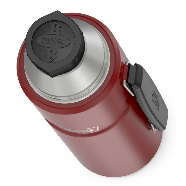 Thermos® 40oz Stainless King™ beverage bottle in Matte Stainless Steel — top view showing lid opening