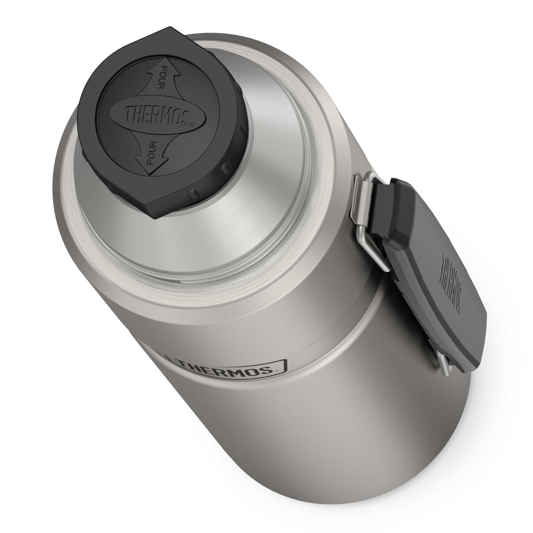 Thermos® 40oz Stainless King™ beverage bottle in Matte Stainless Steel — top view showing lid opening