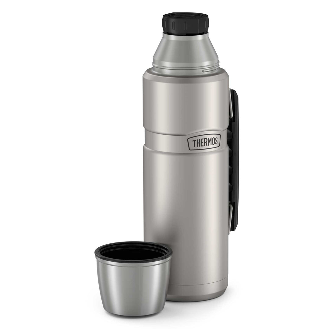 Thermos® 40oz Stainless King™ beverage bottle in Matte Stainless Steel — top view showing lid opening