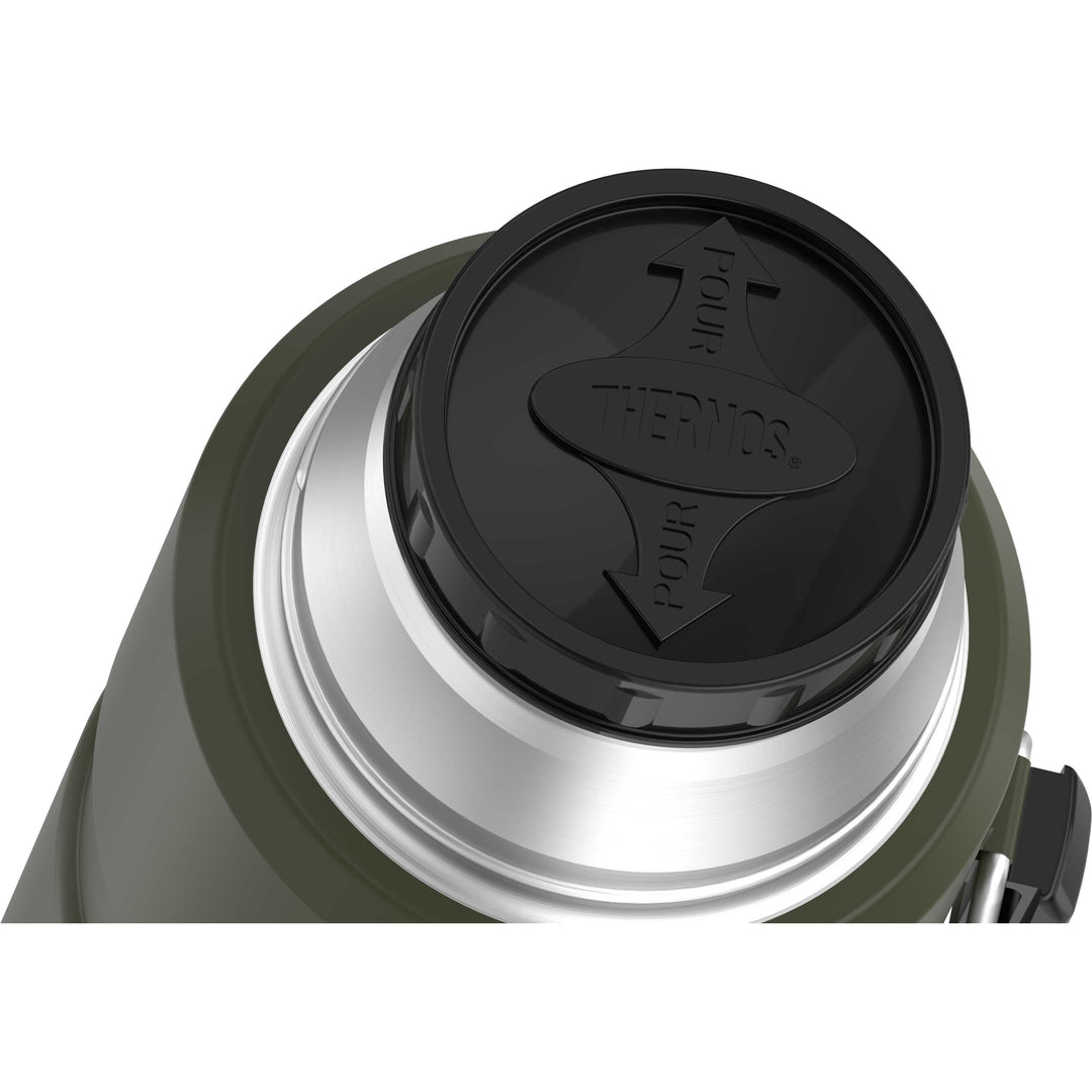 Thermos® 2.0 L Stainless King™ beverage bottle in Matte Stainless Steel — top view showing lid opening