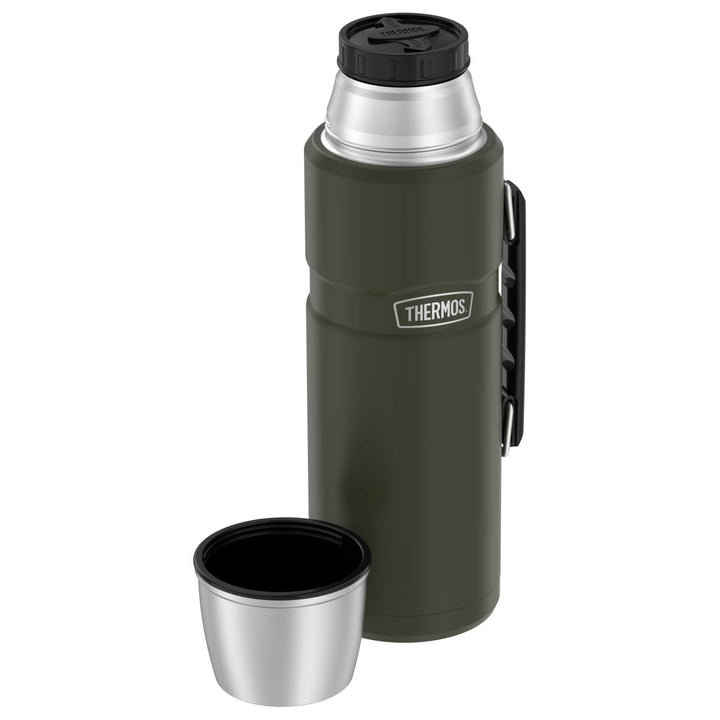 Thermos® 2.0 L Stainless King™ beverage bottle in Matte Stainless Steel — top view showing lid opening