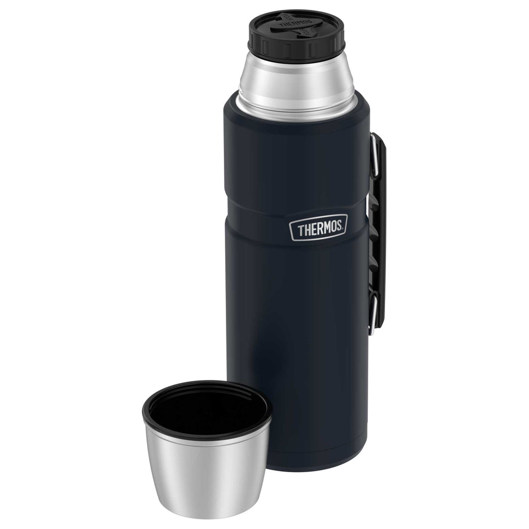 Thermos® 2.0 L Stainless King™ beverage bottle in Matte Stainless Steel — top view showing lid opening