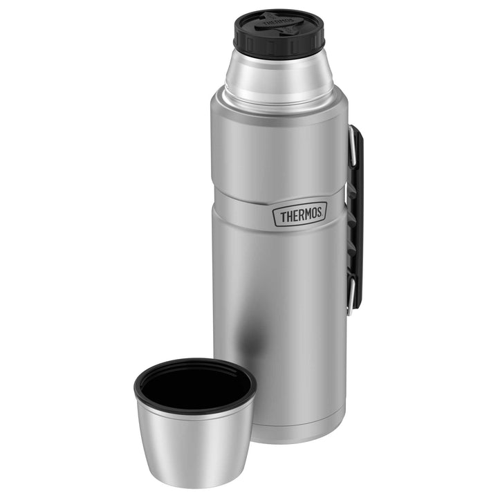 Thermos® 2.0 L Stainless King™ beverage bottle in Matte Stainless Steel — top view showing lid opening