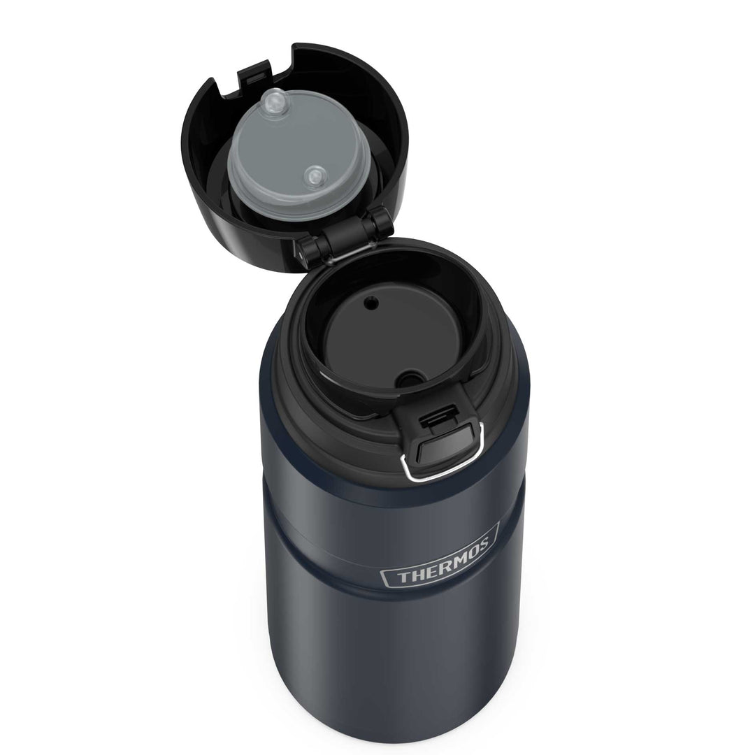 Thermos® 24oz Stainless King™ beverage bottle in Matte Stainless Steel — top view showing lid opening